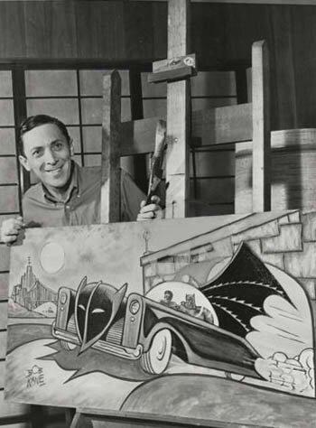 The film “The Bat Whispers,” which is based on “The Circular Staircase,” inspired Bob Kane, the future creator of Batman. Kane posing with artwork of the Batmobile. (Public Domain)