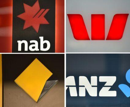 This combination of photos taken in Sydney on November 30, 2017, show the signs of the "big four" Australian banks (clockwise from top L), National Australia Bank (NAB, Westpac, ANZ and Commonwealth Bank. - (Peter Parks/AFP via Getty Images)