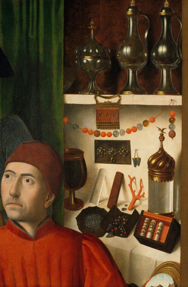 Rings, petwer pitchers, a string of pearls, and precious raw materials such as gems and minerals are all rendered beautifully by Petrus Christus in this detail from the painting "A Goldsmith in His Shop." (Public Domain)