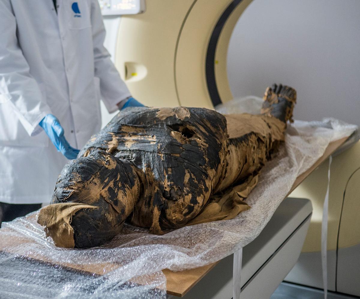 Researchers used a CT scanner to examine the female mummy. (Courtesy of Aleksander Leydo/<a href="http://warsawmummyproject.com/en">Warsaw Mummy Project</a>)