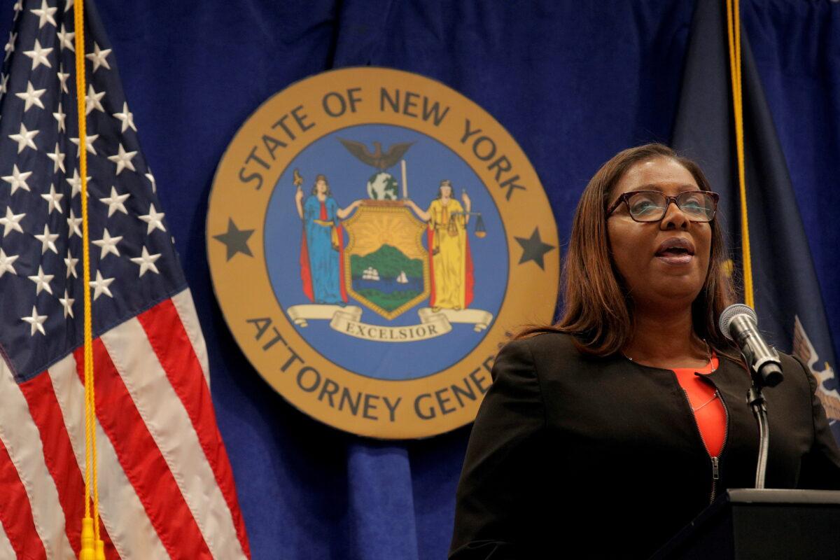 New York State Attorney General, Letitia James, speaks during a news conference, to announce a suit to dissolve the National Rifle Association, In New York, U.S., Aug. 6, 2020. (Brendan McDermid/Reuters File Photo)
