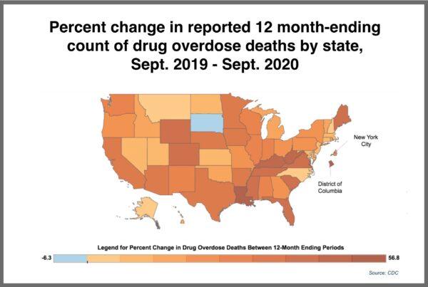 Percent change in reported 12 month-ending count of drug overdose deaths by state, Sept. 2019 - Sept. 2020. (CDC)