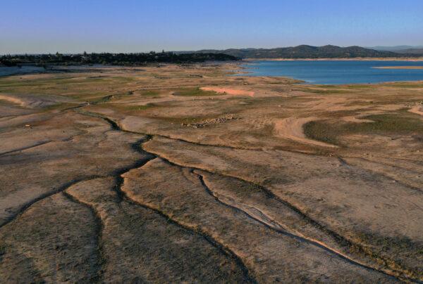 Aerial view shows low water levels at Folsom Lake in Granite Bay, Calif., on May 10, 2021. (Justin Sullivan/Getty Images)