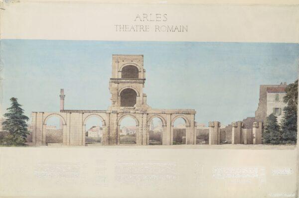 Reconstruction drawing of the Roman theater in Arles, France: elevations and plans, 1914, by Jules Formigé. Pencil, ink, watercolor; 28 ½ inches by 41 inches. (Courtesy of Peter May)