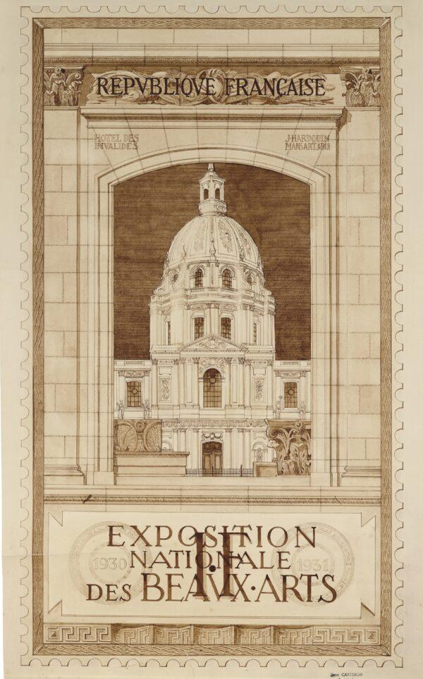 Competition drawing for a postage stamp commemorating the Beaux-Arts Exposition, 1930, by Jean Marcel Carteron. Pencil, ink, watercolor; 26½ inches by 16 inches. (Courtesy of Peter May)
