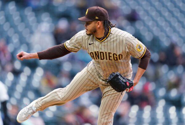 San Diego Padres starting pitcher Dinelson Lamet works against the Colorado Rockies during the first inning of a baseball game in Denver, Colo., on May 11, 2021. (David Zalubowski/AP Photo)