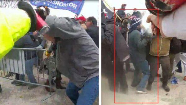 Julian Khater (left) is observed holding a canister in his right hand; Khater (right) is again observed spraying a substance in the direction of law enforcement officers on Jan. 6, 2021, in Washington D.C. (Courtesy of Department of Justice)