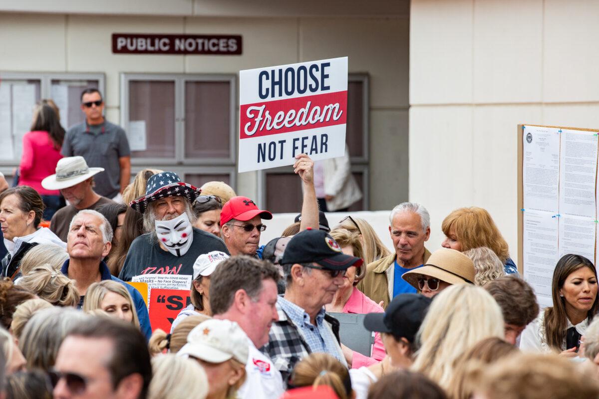 People gather to protest vaccine passports at the Orange County Civic Center in Santa Ana, Calif., on May 11, 2021. (John Fredricks/The Epoch Times)