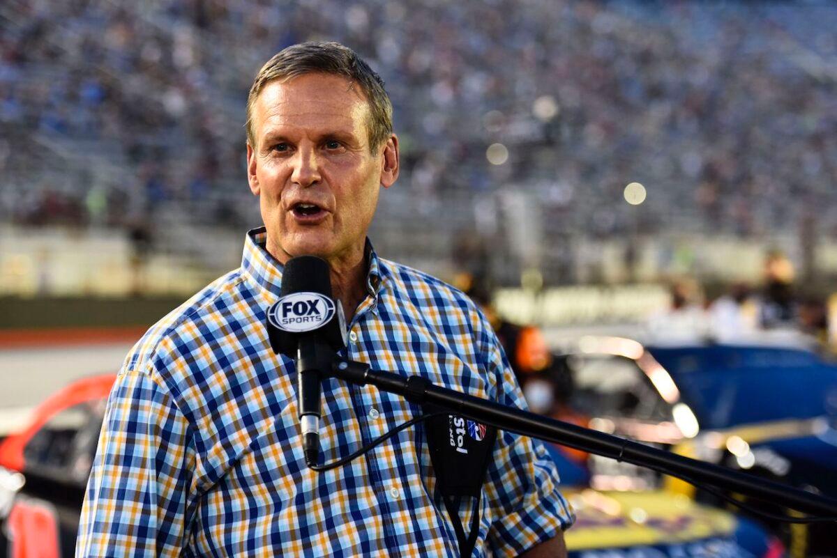 Tennessee Governor Bill Lee gives the command to start engines prior to the NASCAR Cup Series All-Star Race at Bristol Motor Speedway in Bristol, Tennessee, on July 15, 2020. (Jared C. Tilton/Getty Images)