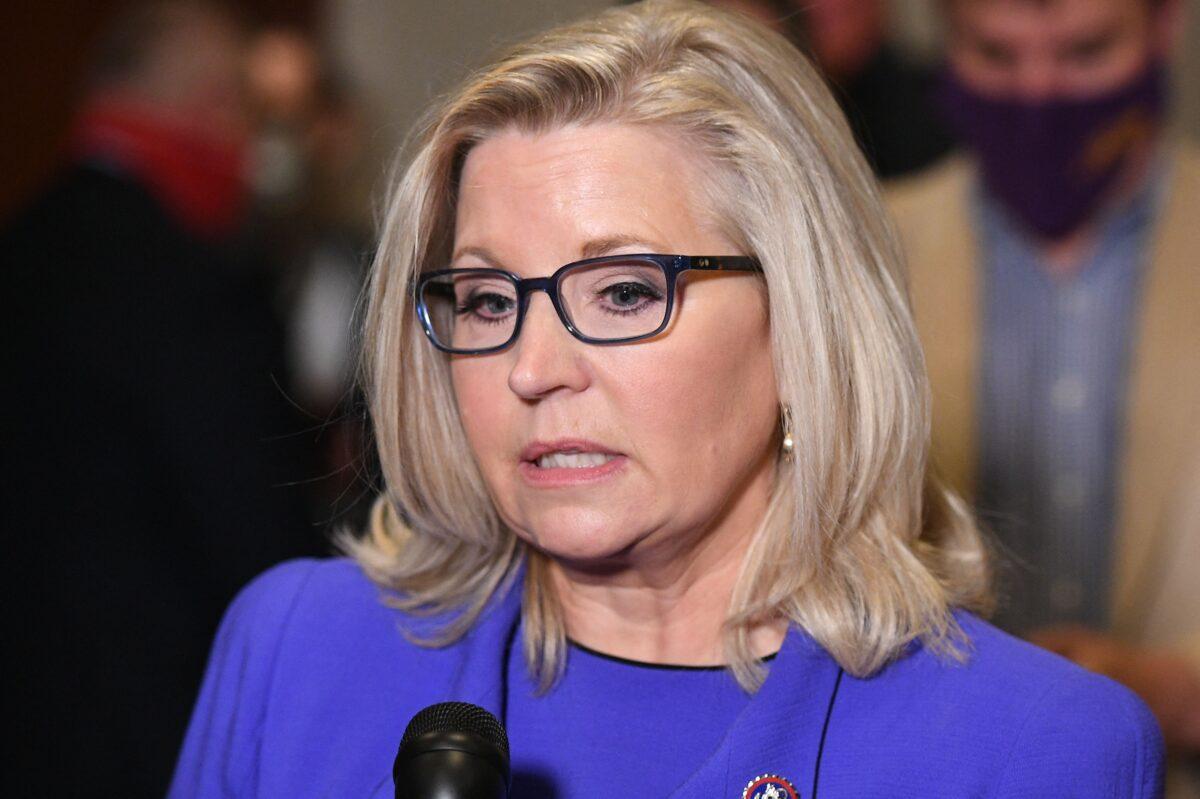 Rep. Liz Cheney (R-Wyo.) speaks to the press at the U.S. Capitol in Washington, on May 12, 2021. (Mandel Ngan/AFP via Getty Images)