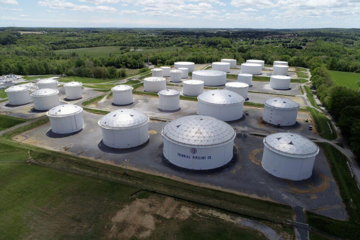Holding tanks are seen in an aerial photograph at Colonial Pipeline's Dorsey Junction Station in Woodbine, Md., on May 10, 2021. (Drone Base/Reuters)