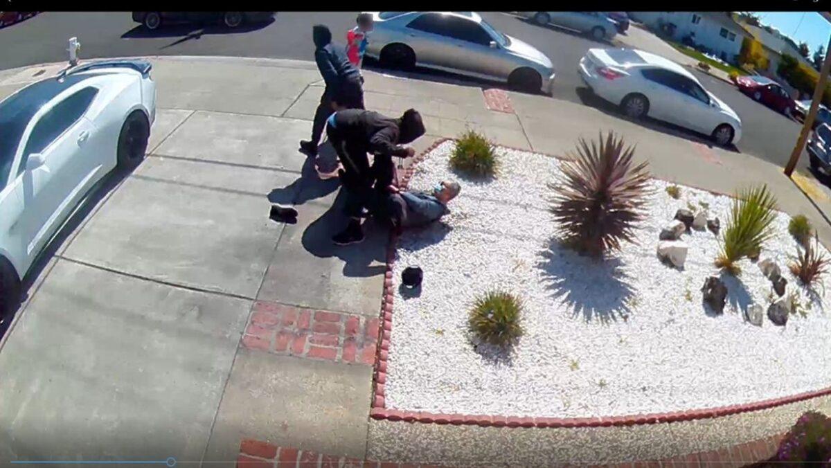 Video released by police showed the assault and robbery of an 80-year-old Asian man knocked to the ground in San Leandro, Calif. (San Leandro Police Department)