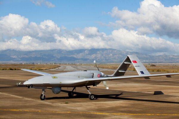 The Turkish-made Bayraktar TB2 drone at Gecitkale military airbase near Famagusta in the self-proclaimed Turkish Republic of Northern Cyprus, on Dec. 16, 2019. (Birol Bebek/AFP via Getty Images)