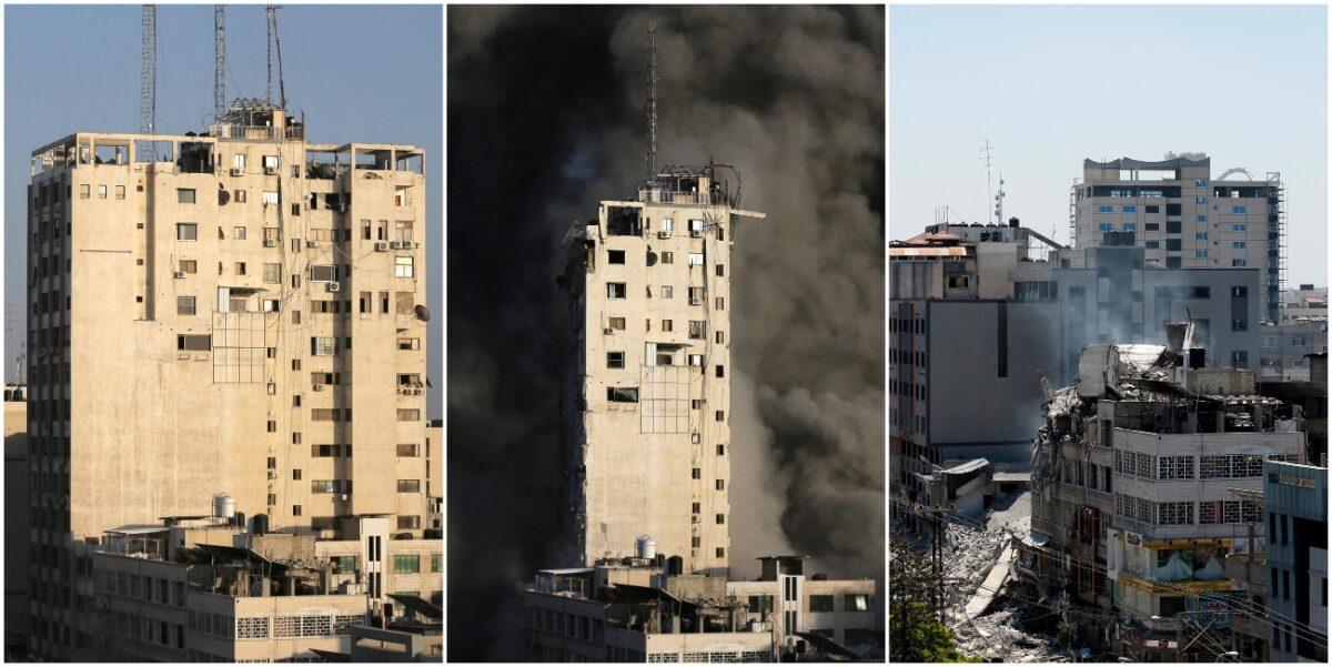 A combination picture shows a tower building in Gaza City on May 12, 2021 (L and C) and after it was destroyed by Israeli airstrikes amid a flare-up of Israeli-Palestinian violence, on May 13, 2021. (Ibraheem Abu Mustafa/Suhaib Salem/Reuters)