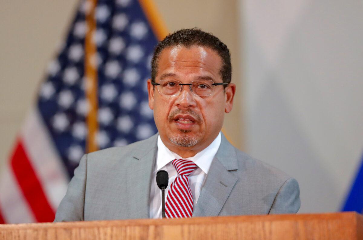 Minnesota Attorney General Keith Ellison announces upgraded charges against former Minneapolis police officer Derek Chauvin and charges against three other former police officers involved in the death of George Floyd in police custody, in St. Paul, Minn., on June 3, 2020. (Eric Miller/Reuters)