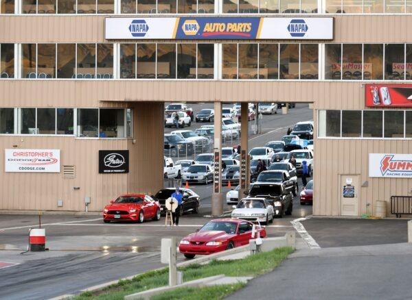 Drivers wait to race down the quarter-mile track at Bandimere Speedway west of Denver, Colo., on May 5, 2021. (Thomas Peipert/AP Photo)