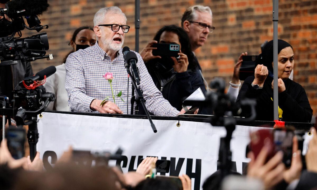 Former Labour Party leader Jeremy Corbyn speaks to the crowd during a demonstration outside the Israeli Embassy in central London on May 15, 2021. (Tolga Akmen/AFP via Getty Images)