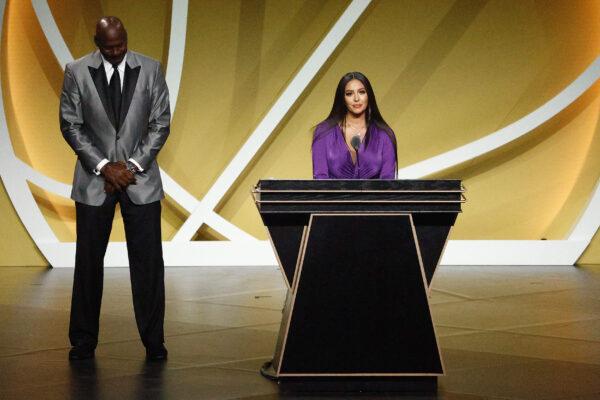 Vanessa Bryant speaks on behalf of Class of 2020 inductee, Kobe Bryant, alongside presenter Michael Jordan during the 2021 Basketball Hall of Fame Enshrinement Ceremony at Mohegan Sun Arena in Uncasville, Conn., on May 15, 2021. (Maddie Meyer/Getty Images)