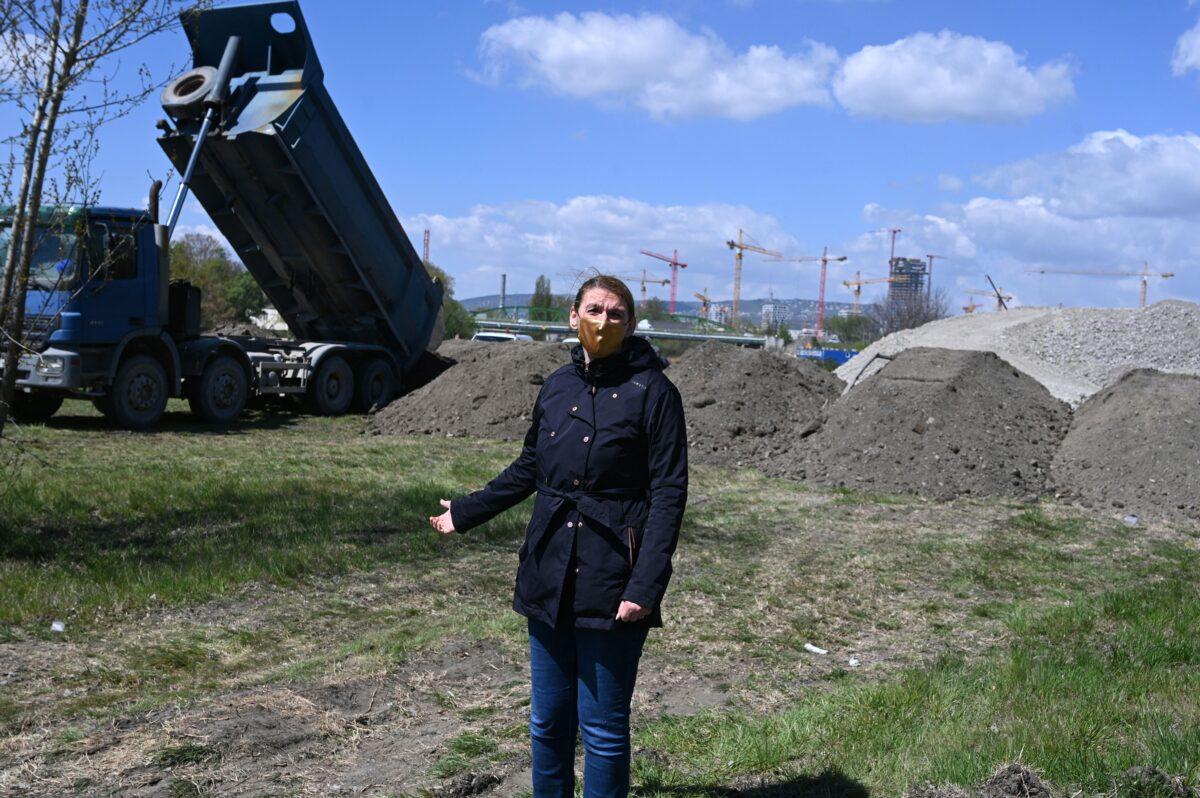 Local district Mayor Krisztina Baranyi stands at the site where the construction of a top Chinese university, the Fudan campus, is planned, in the 9th district of Budapest, Hungary, on April 23, 2021. (Attila Kisbenedek/AFP via Getty Images)