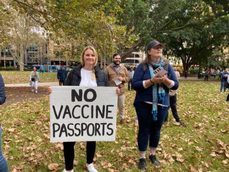 Rallygoer protesting against COVID-19 vaccine passports at the Worldwide Rally for Freedom, Peace, and Human Rights in Sydney, Australia, on May 15, 2021. (The Epoch Times)