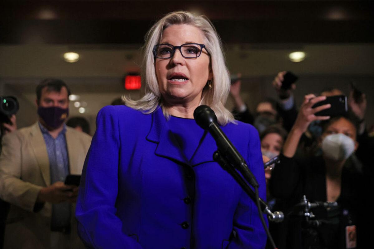 Rep. Liz Cheney (R-Wyo.) talks to reporters after House Republicans voted to remove her as conference chair in the U.S. Capitol Visitors Center in Washington on May 12, 2021. (Chip Somodevilla/Getty Images)