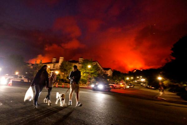 Residents walk a dog as a brush fire burns behind homes in the Pacific Palisades area of Los Angeles, Calif., on May 15, 2021. (Ringo H.W. Chiu/AP Photo)