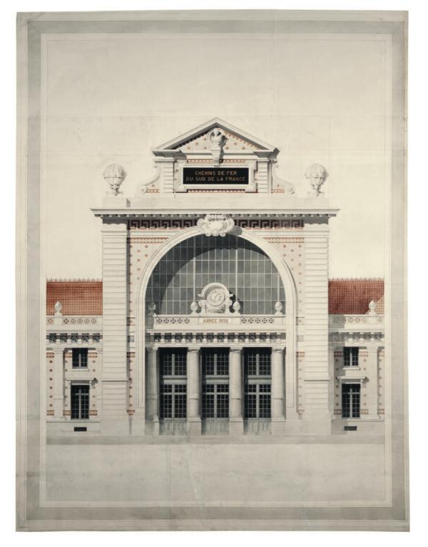 Presentation drawing for the train station in Nice, France, 1892–93, by Prosper Etienne Bobin.<br/>Pencil, ink, watercolor; 70 ½ inches by 53 inches. (Courtesy of Peter May)
