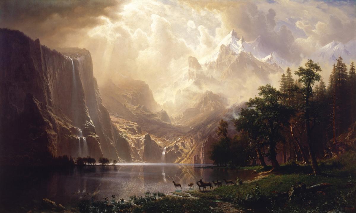 阿爾伯特‧比爾施塔特(Albert Bierstadt),《加利福尼亞州內華達山脈之間》(Among the Sierra Nevada, California),約1868年作,布面油畫,史密森尼美國藝術博物館藏。(公有領域)