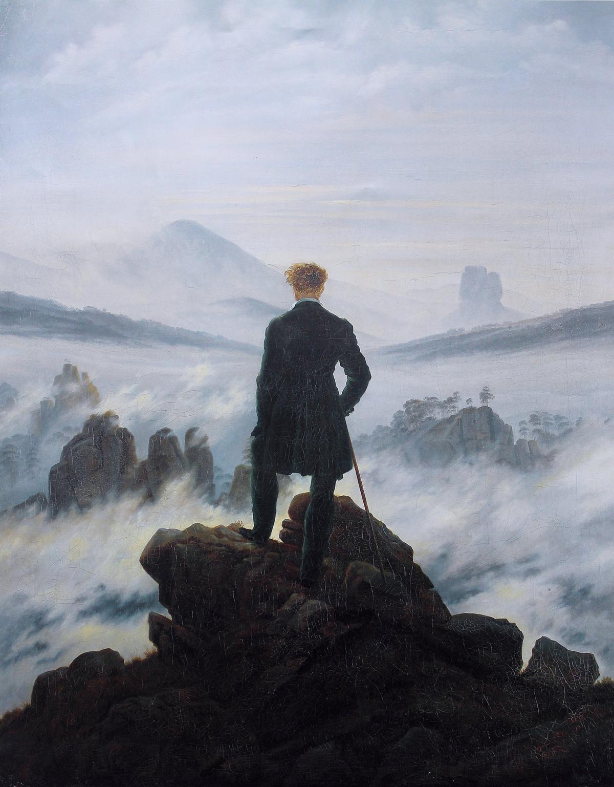 卡斯帕‧大衛‧弗里德里希 (Caspar David Friedrich)約1817—1818年創作的《霧海上的漫遊者》(Wanderer above the sea of fog),布面油畫,漢堡美術館藏。(公有領域) 這幅畫力求體現作家愛默生的超驗主義經典話語: