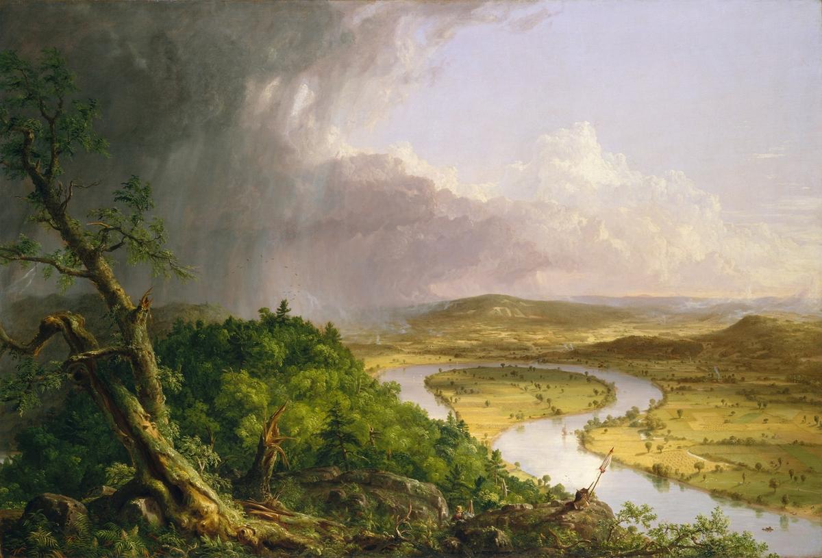 托馬斯‧科爾(Thomas Cole),《雷暴過後,從麻塞諸塞州北安普頓市霍利奧克山眺望的景色——牛軛湖》(View from Mount Holyoke, Northampton, Massachusetts, after a Thunderstorm—The Oxbow),作於1836年左右,布面油畫,紐約大都會藝術博物館藏。(公有領域)