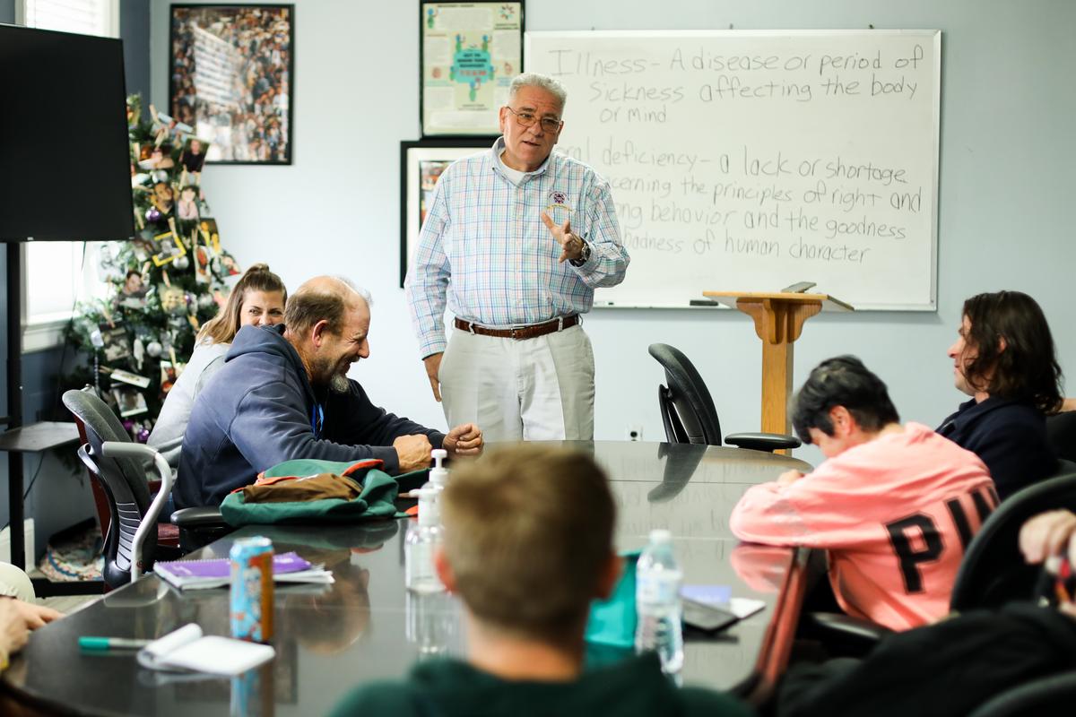 John Shinholser, president and co-founder of The McShin Foundation, a nonprofit recovery community organization, speaks during a meeting in Richmond, Va., on May 12, 2021. (Samira Bouaou/The Epoch Times)