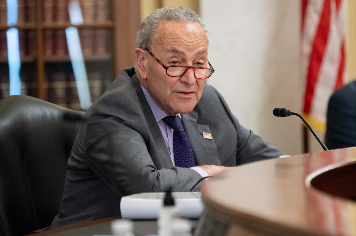 Senate Majority Leader Senator Chuck Schumer (D-N.Y.) attends a Senate Administration and Rules Committee mark-up business meeting on Capitol Hill in the District of Columbia on May 11, 2021. (Saul Loeb/AFP via Getty Images)
