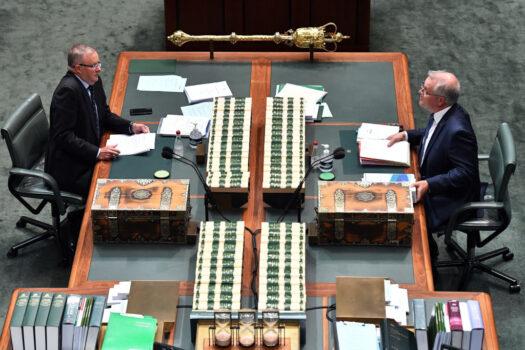 Leader of the Opposition Anthony Albanese and Prime Minister Scott Morrison during Question Time in the House of Representatives at Parliament House in Canberra, Australia, on May 13, 2021. (Sam Mooy/Getty Images)