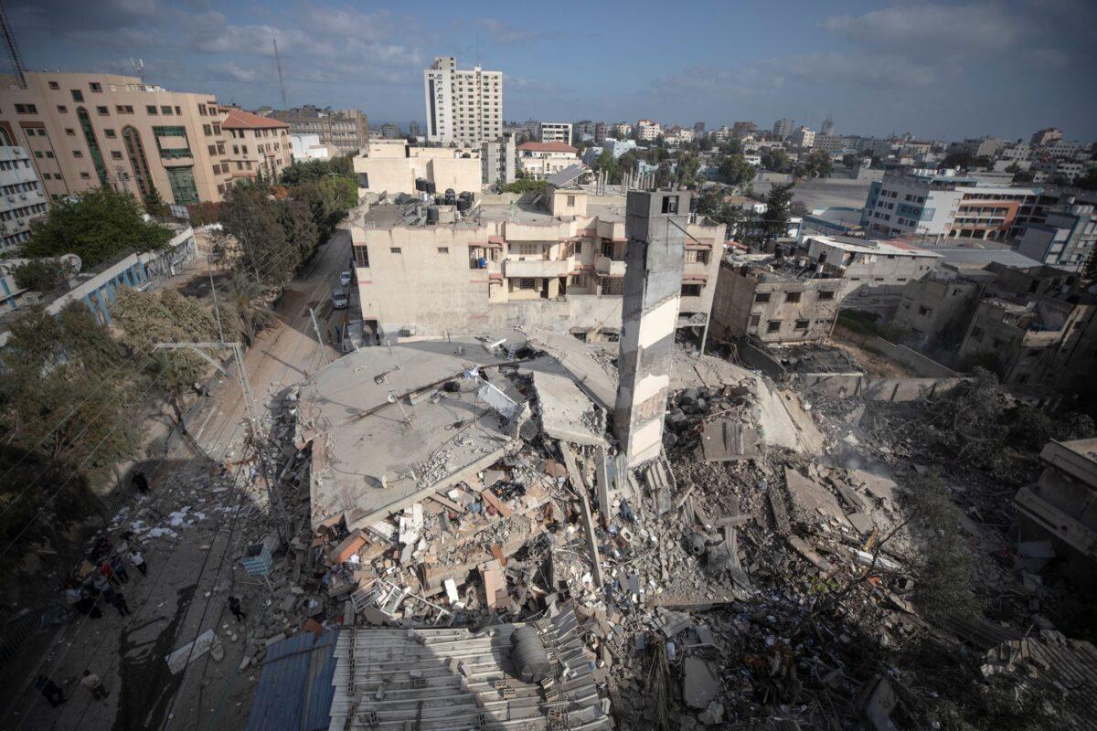 A top view shows the remains of a six-story building that was destroyed by an early morning Israeli airstrike, in Gaza City, on May 18, 2021. (Khalil Hamra/AP Photo)