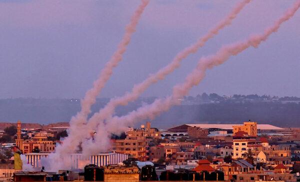 Rockets are launched toward Israel from the southern Gaza Strip on May 17, 2021. (Said Khatib/AFP via Getty Images)