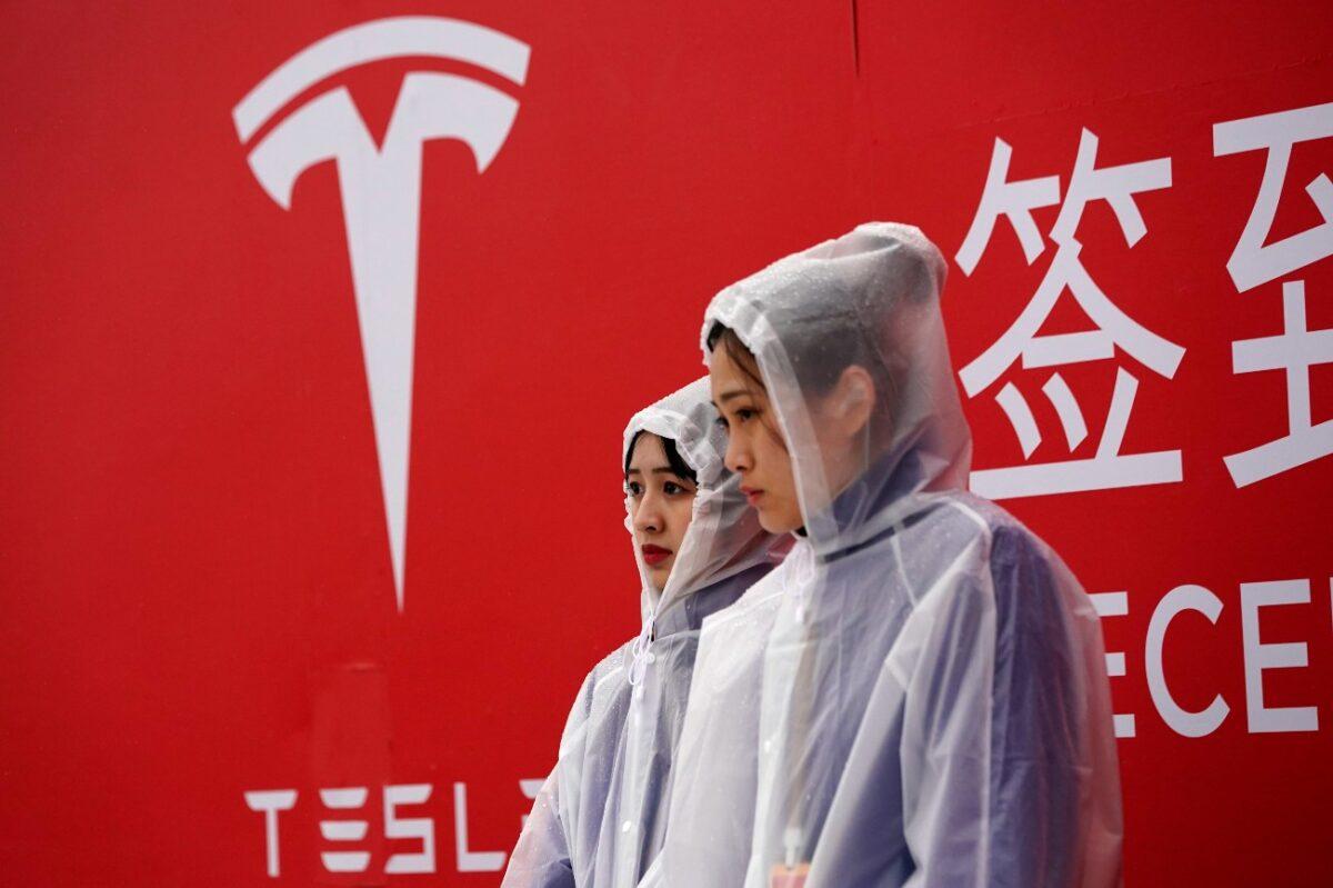 The Tesla logo is seen at the groundbreaking ceremony of Tesla Shanghai Gigafactory in Shanghai, China, on Jan. 7, 2019. (Aly Song/Reuters)