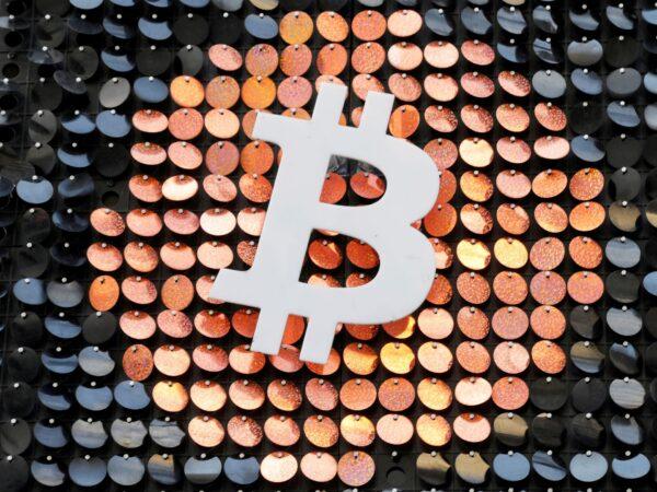 The logo of the Bitcoin digital currency in a shop in Marseille, France, on Feb. 7, 2021. (Eric Gaillard/Reuters)