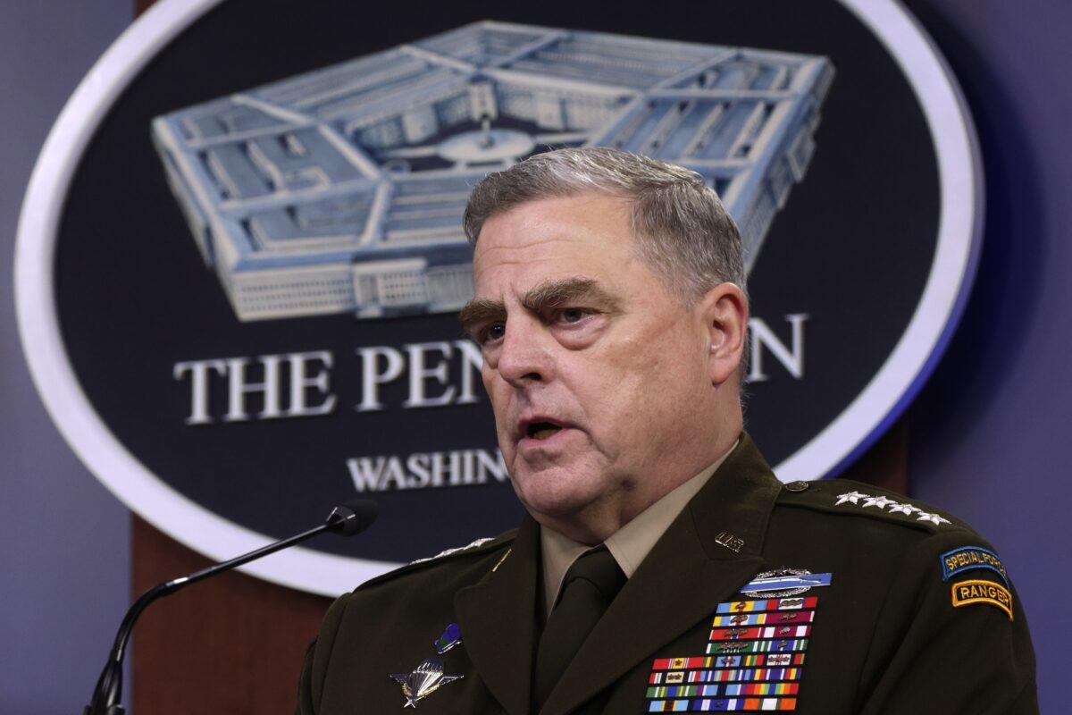 Chairman of the Joint Chiefs of Staff General Mark Milley participates in a news briefing at the Pentagon in Arlington, Va., on May 6, 2021. (Alex Wong/Getty Images)