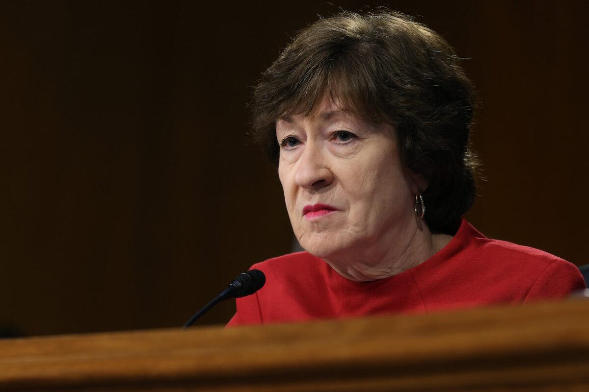Senate Appropriations Committee member Sen. Susan Collins (R-Maine) at a hearing in the Dirksen Senate Office Building on Capitol Hill in Washington, on April 20, 2021. (Chip Somodevilla/Getty Images)
