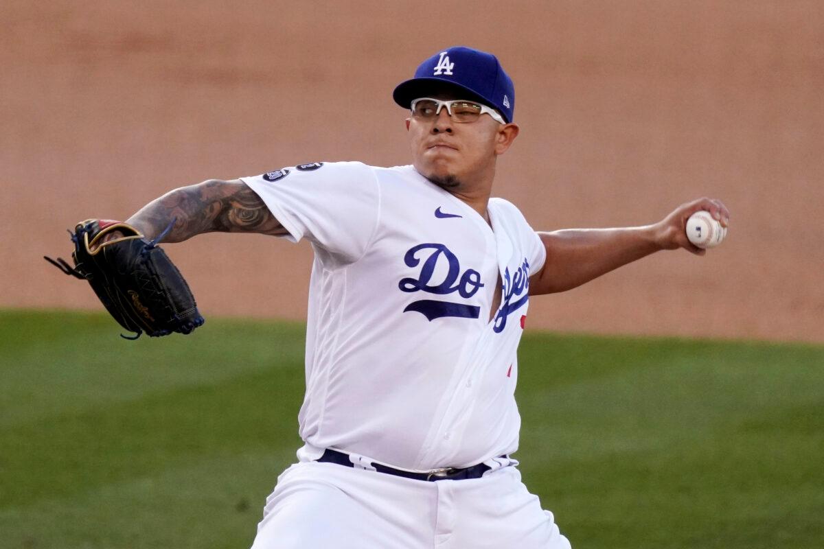 Los Angeles Dodgers starting pitcher Julio Urias throws to the plate during the first inning of a baseball game against the Arizona Diamondbacks in Los Angeles, Calif., on May 18, 2021. (Mark J. Terrill/AP Photo)