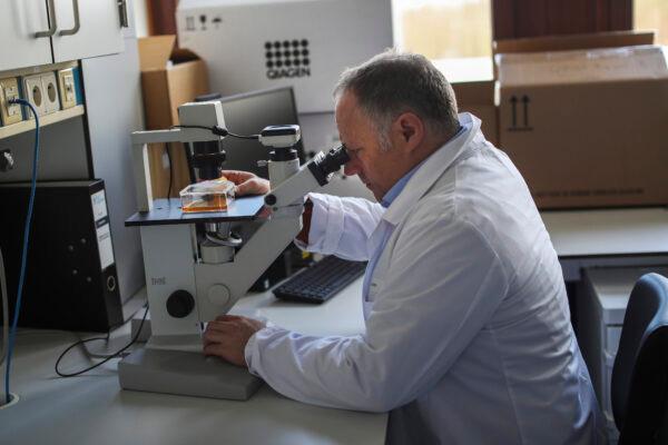 Belgian top virologist Marc Van Ranst looks into a microscope at his lab in Leuven, Belgium, on Feb. 19, 2020. (Francisco Seco/AP Photo)