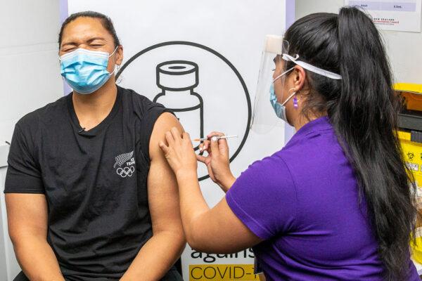 Dame Valerie Adams receives her Pfizer Covid-19 vaccination at the Mt Wellington Vaccination Centre ahead of the Tokyo 2020 Olympic Games in Auckland, New Zealand, on Apr. 17, 2021. (Dave Rowland/Getty Images)
