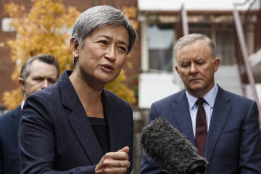 Australia's Shadow Foreign Affairs Minister Senator Penny Wong (L) speaks to the media along with the leader of the opposition, Anthony Albanese (R), in Melbourne, Australia, on May 18, 2021. (AAP Image/Daniel Pockett)