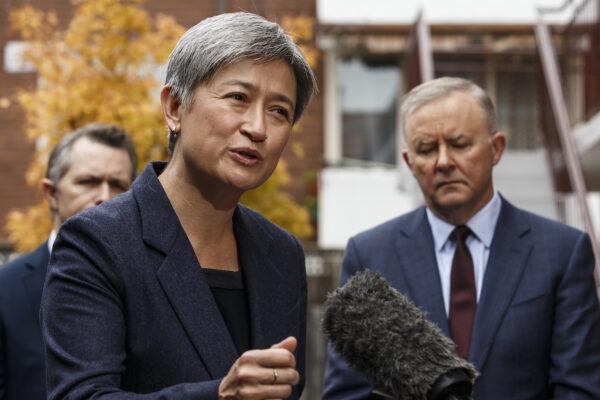 Australia's Shadow Foreign Affairs Minister Senator Penny Wong speaks to the media alongside the leader of the opposition, Anthony Albanese, in Melbourne, Australia, on May 18, 2021. (AAP Image/Daniel Pockett)