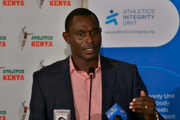 The 800m World Record Holder and two-time Olympic Champion, David Rudisha speaks at a press conference held jointly with the governing body for athletics in Kenya, Athletics Kenya, and the Ministry of Sports and World Athletics Anti-Doping Integrity Unit (AIU) in Nairobi, on Dec. 2, 2019. (Tony Karumba/AFP via Getty Images)
