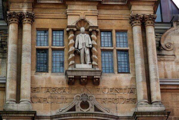 The controversial statue of colonialist Cecil Rhodes at Oriel College, University of Oxford, UK, issued on May 20, 2021. (PA Media)