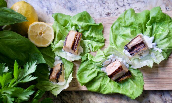 Grilled Salmon Lettuce Sliders With Caper Mayonnaise