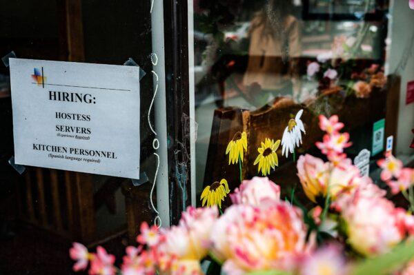 A restaurant advertises that they are hiring in Annapolis, Md., on May 12, 2021. (Jim Watson/AFP via Getty Images)