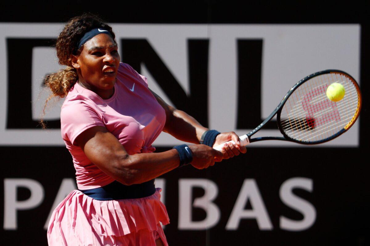 Serena Williams of the U.S. in action during her second round match against Argentina's Nadia Podoroska, Tennis—WTA Premier 5 —Italian Open—Foro Italico, Rome, Italy, on May 12, 2021. (Guglielmo Mangiapane/Reuters)