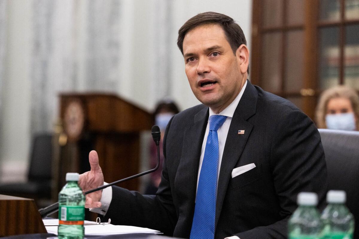 Sen. Marco Rubio (R-Fla.) speaks during a Senate Committee on Commerce, Science, and Transportation confirmation hearing on Capitol Hill in Washington, April 21, 2021. (Graeme Jennings/AFP via Getty Images)
